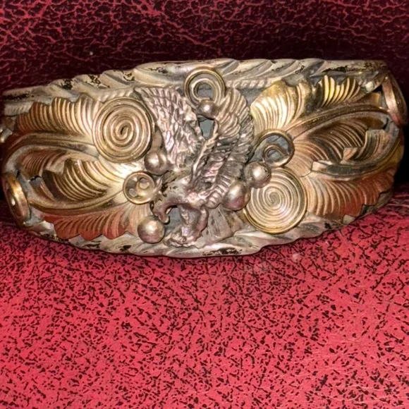 CHEE Native American Navajo Sterling Silver & Gold Appliques Eagle Cuff Bracelet - Picture 8 of 16